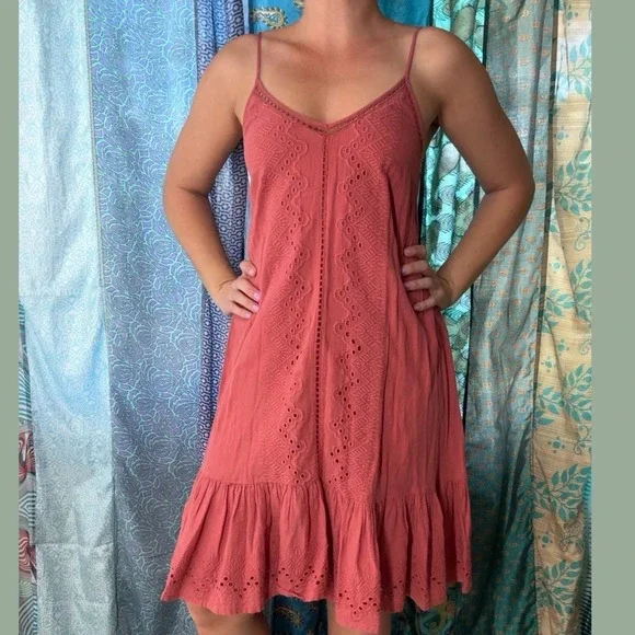 Boho Eyelet Festival Dress S Romantic Cottage Embroidered Earthy Coral Ruffle - Picture 1 of 6